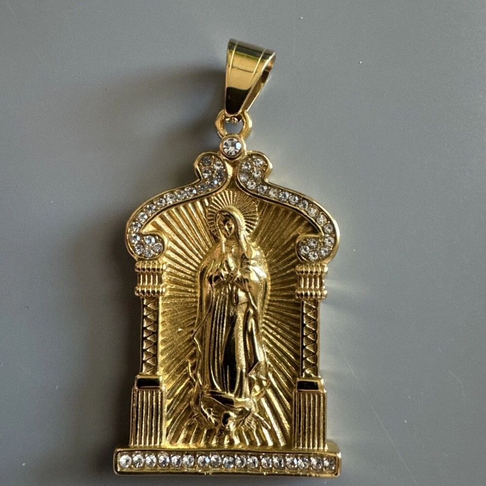 Virgin Mary Stainless Steel Pendant Jesus Christ Cubic Zirconia Religious Gold